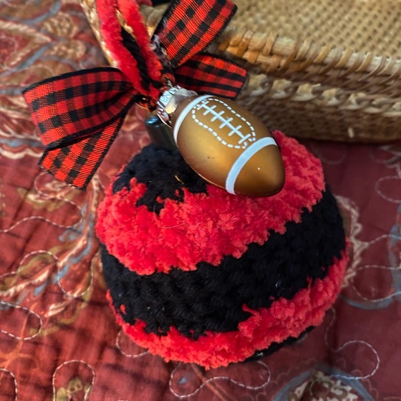 Handmade Other - Festive Red and Black Striped Ornament with Football Accent